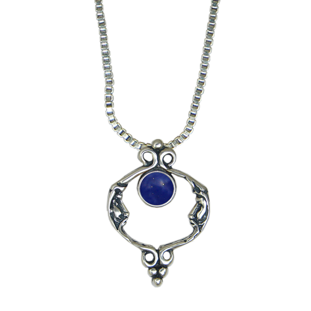 Sterling Silver Unusual Double Moon Necklace With Lapis Lazuli